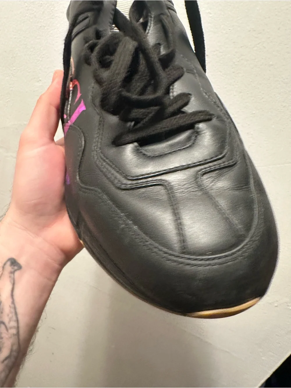 Gucci Black Leather Men's Sneaker with Rainbow Logo Accent 8.5